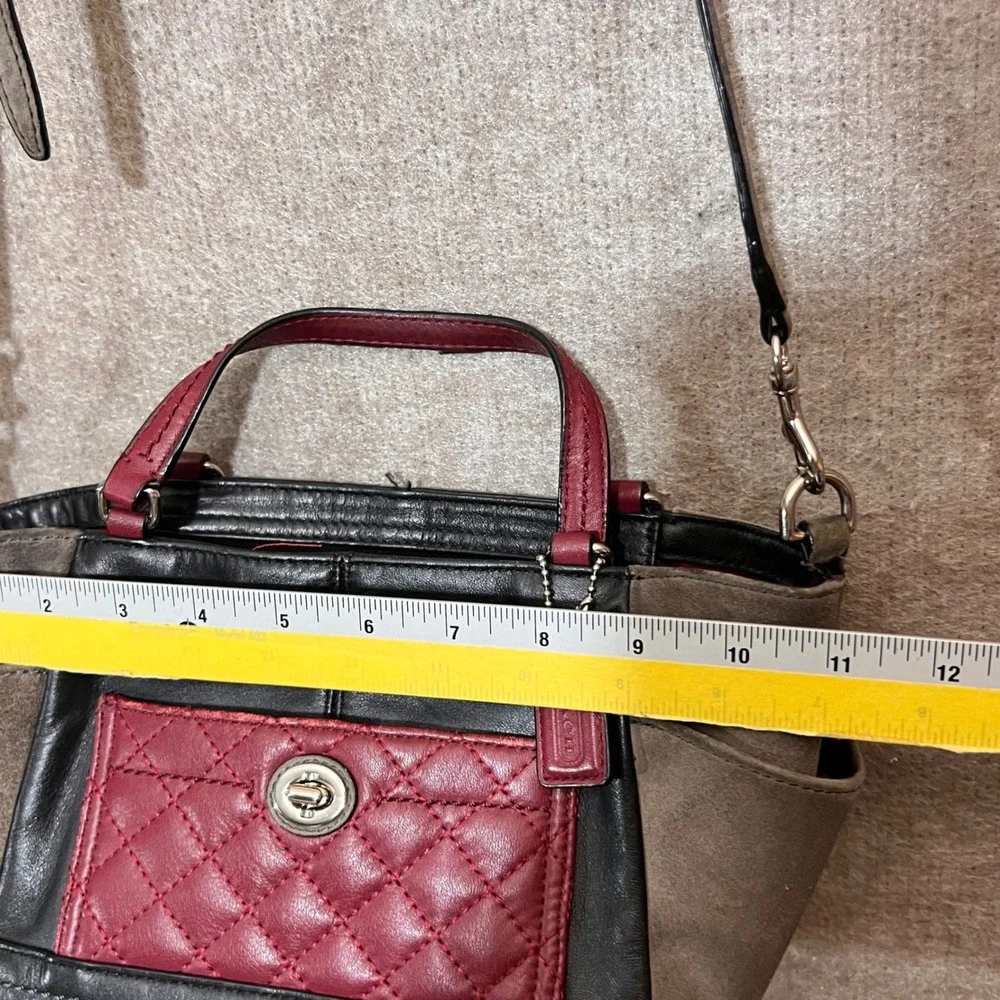 Coach Satchel Handbag Women Small Black Leather Suede Quilted Red Crossbody